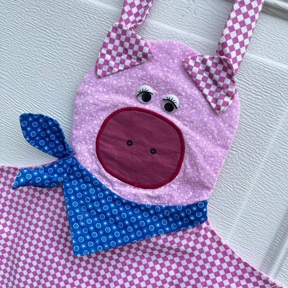 VTG Handmade Pig Apron Kids Gingham Farmhouse Cottagecore Dress Up